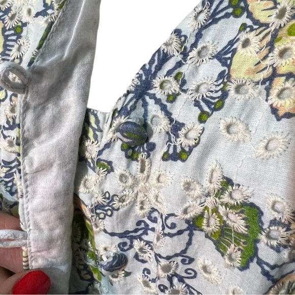 7 For All Mankind Large Ruffle Eyelet Long Sleeve Peplum Blue Floral Blouse - Picture 4 of 7